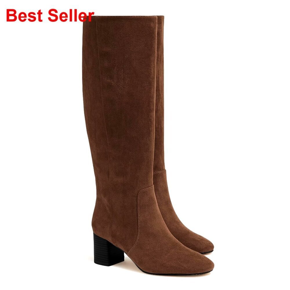Chunky Heel Knee High Boots Suede Round Toe Side Zipper Fall Winter